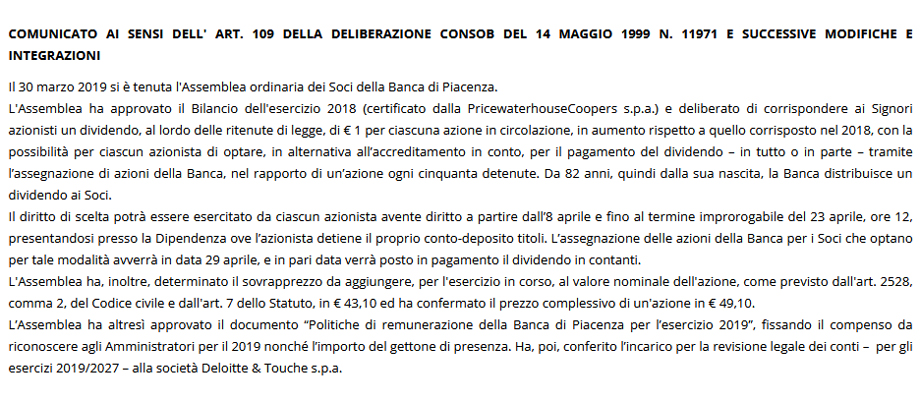 comunicato consob bilancio esercizio 2018