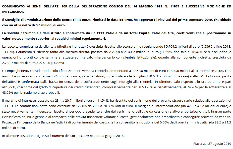comunicato consob 27 agosto 2019