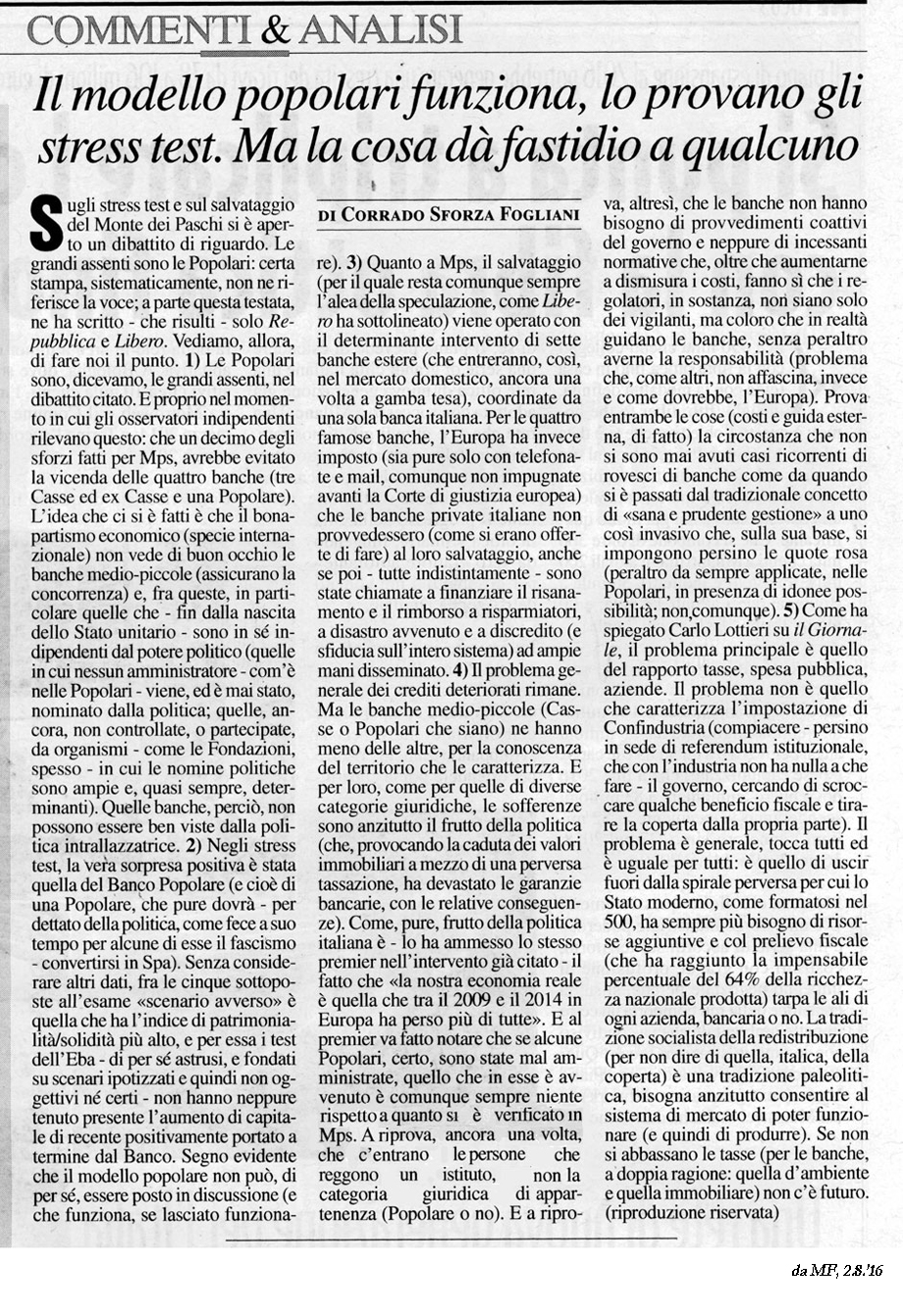IL MODELLO POPOLARI FUNZIONA, LO PROVANO GLI STRESS TEST. MA LA COSA DA' FASTIDIO A QUALCUNO