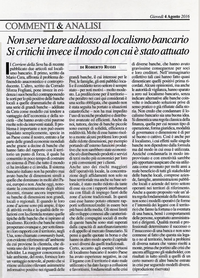 Ruozi appoggia la tesi di Sforza Fogliani