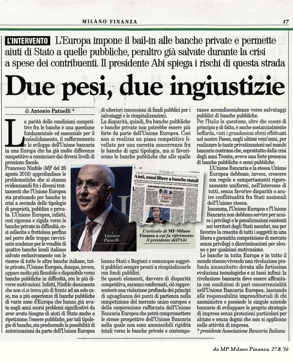 Articolo del Presidente ABI Patuelli su MF Milano Finanza