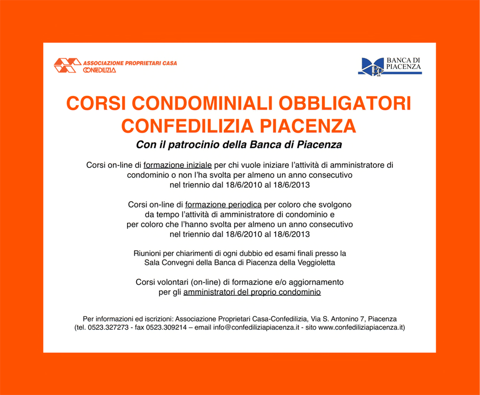 CORSI CONDOMINIALI OBBLIGATORI CONFEDILIZIA PIACENZA
