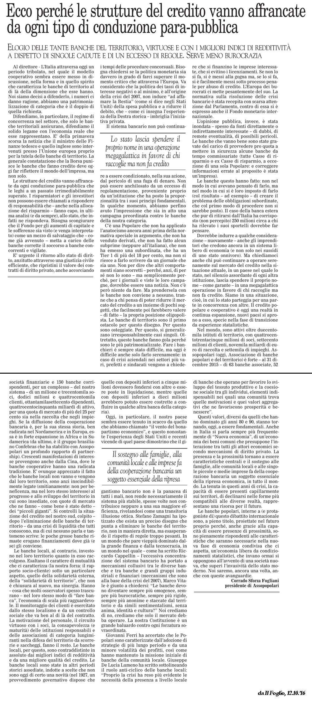 Articolo del Presidente di Assopopolari