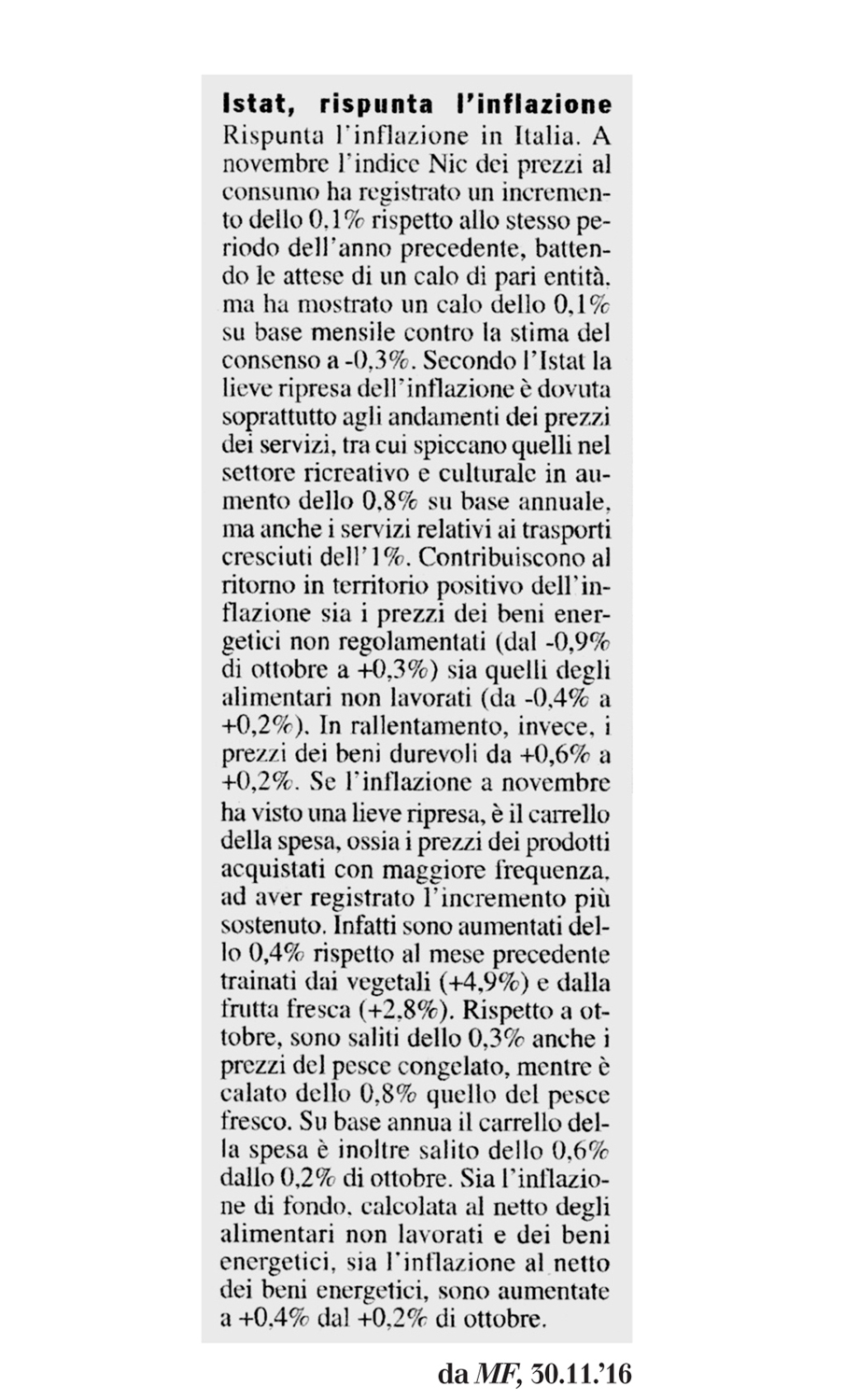 L'INFLAZIONE E' RICOMPARSA