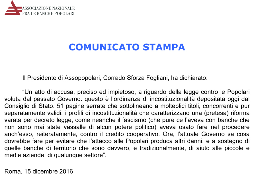 COMUNICATO STAMPA ASSOPOPOLARI