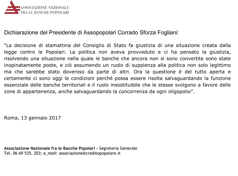 Banche Popolari: Consiglio di Stato, no alla trasformazione in SpA