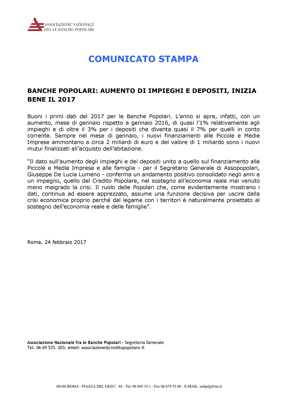 BANCHE POPOLARI: AUMENTO DI IMPIEGHI E DEPOSITI, INIZIA BENE IL 2017
