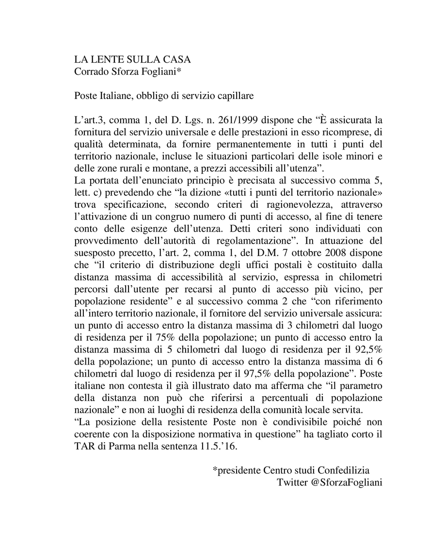 Poste Italiane, obbligo di servizio capillare