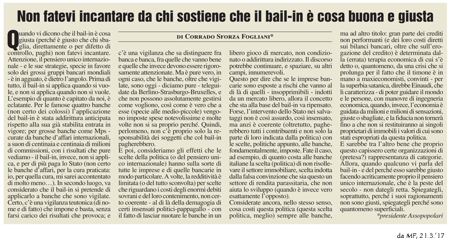Articolo del Presidente Sforza Fogliani su MF