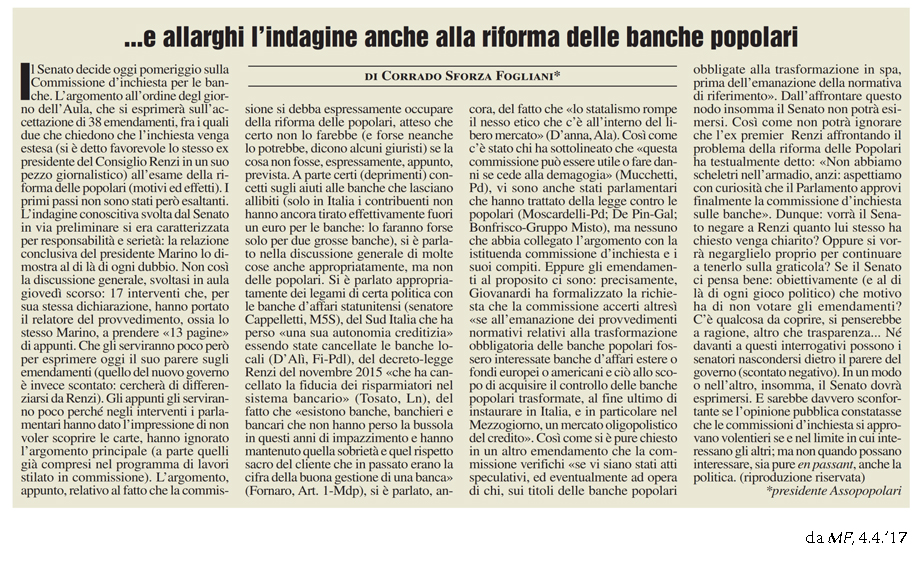 Articolo del Presidente Sforza Fogliani su MF