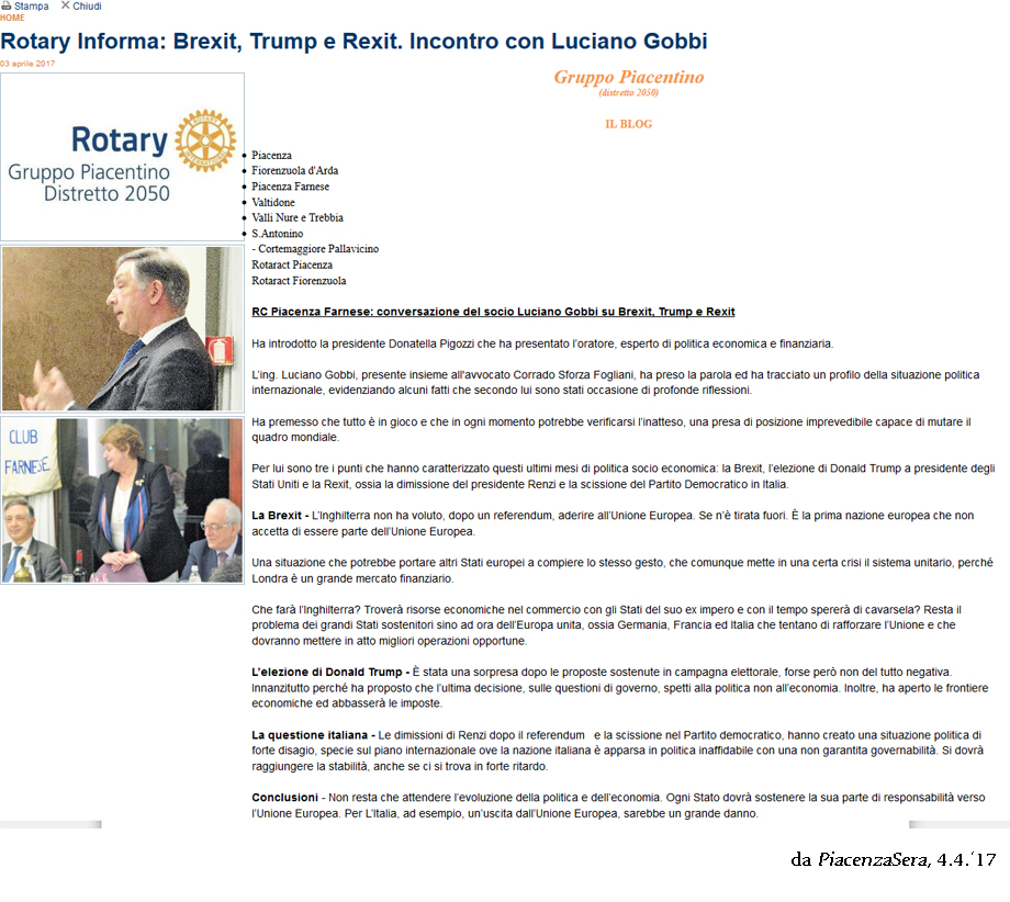 Rotary Informa: Brexit, Trump e Rexit. Incontro con Luciano Gobbi