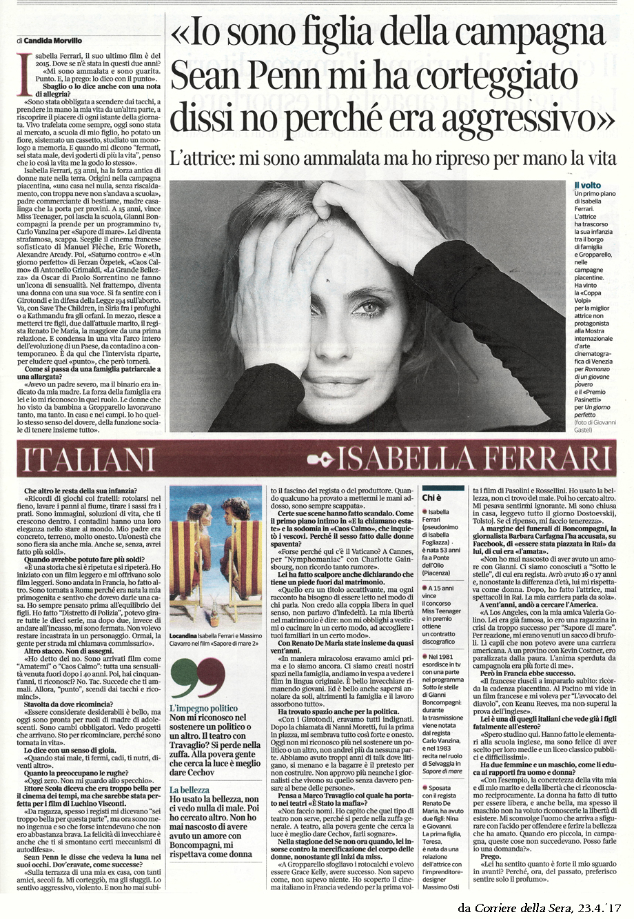 Isabella Ferrari (nome d'arte) ricorda l'infanzia piacentina a Gropparello