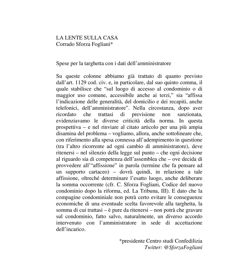 Spese per la targhetta con i dati dell'amministratore