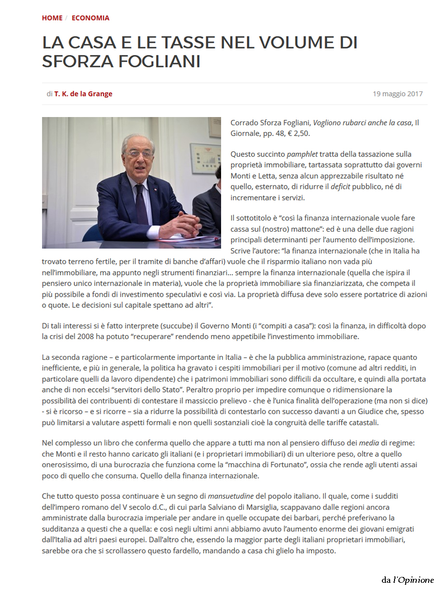 La casa e le tasse nel volume di Sforza Fogliani