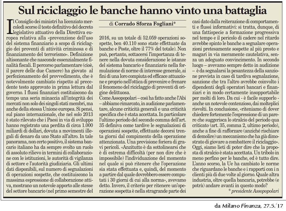 Sul riciclaggio le banche hanno vinto una battaglia