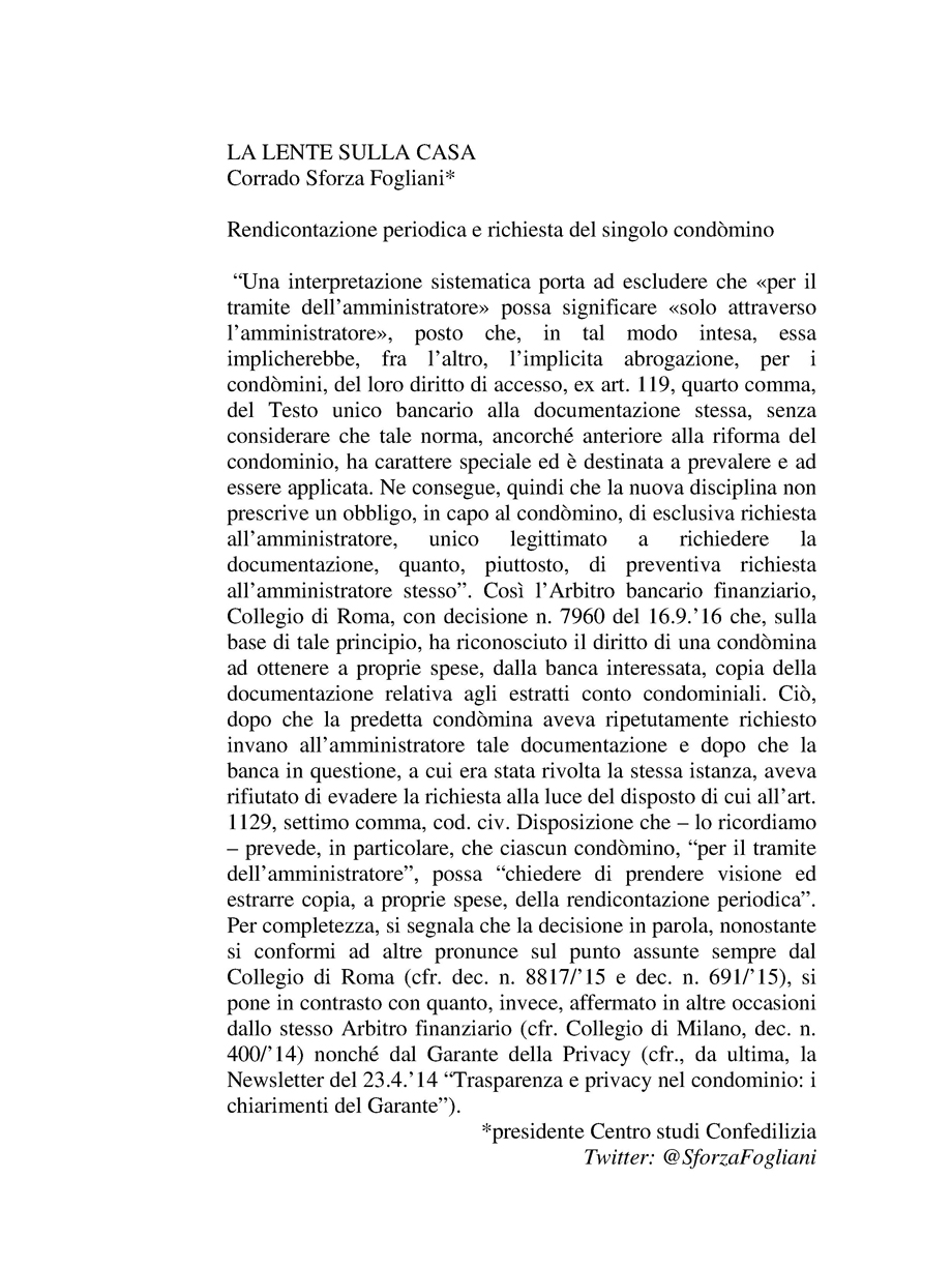 Rendicontazione periodica e richiesta del singolo condòmino