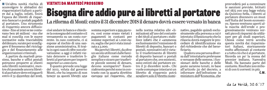 BISOGNA DIRE ADDIO PURE AI LIBRETTI AL PORTATORE