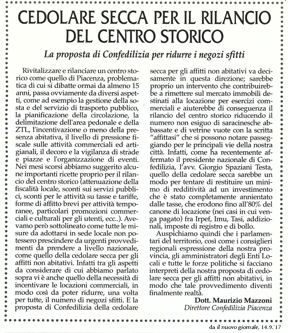 CEDOLARE SECCA PER IL RILANCIO DEL CENTRO STORICO