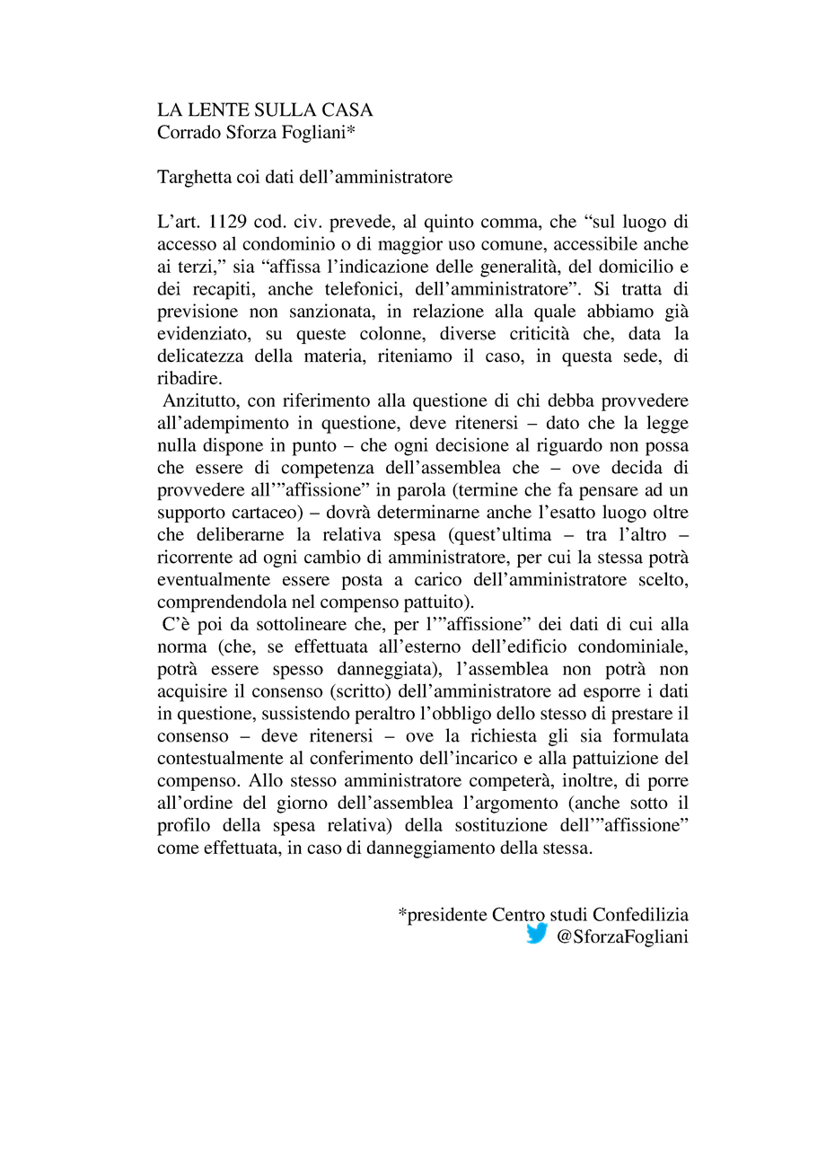 LENTE SULLA CASA - TARGHETTA CON I DATI DELL'AMMINISTRATORE