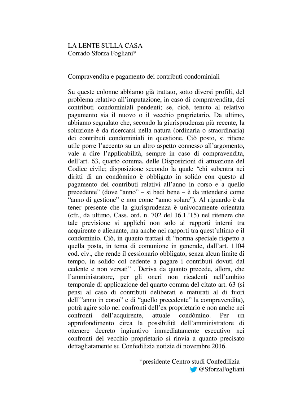 Compravendita e pagamento dei contributi condominiali