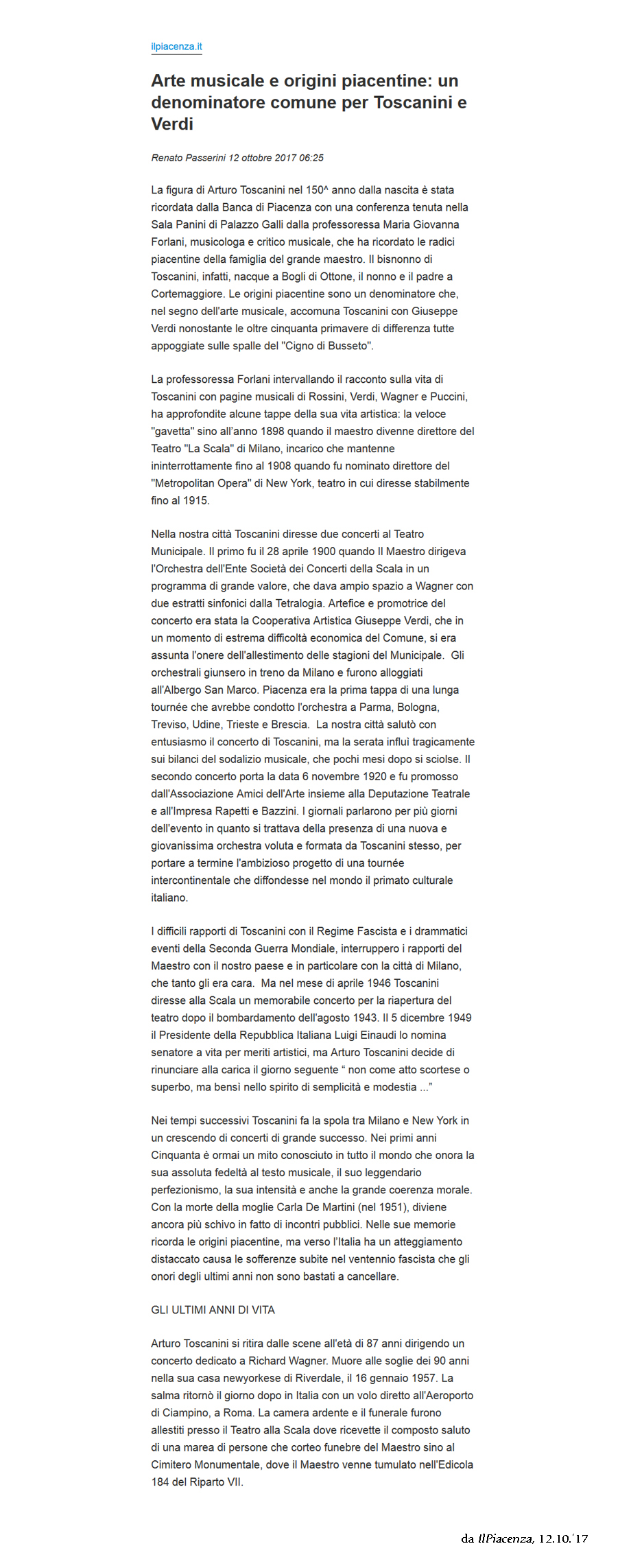 ARTE MUSICALE E ORIGINI PIACENTINE: UN DENOMINATORE COMUNE PER TOSCANINI E VERDI