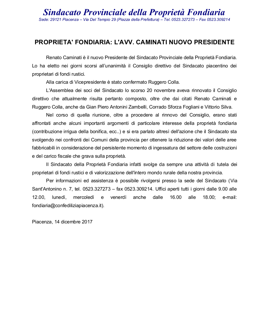Comunicato Proprietà Fondiaria nomina avv. Caminati Presidente