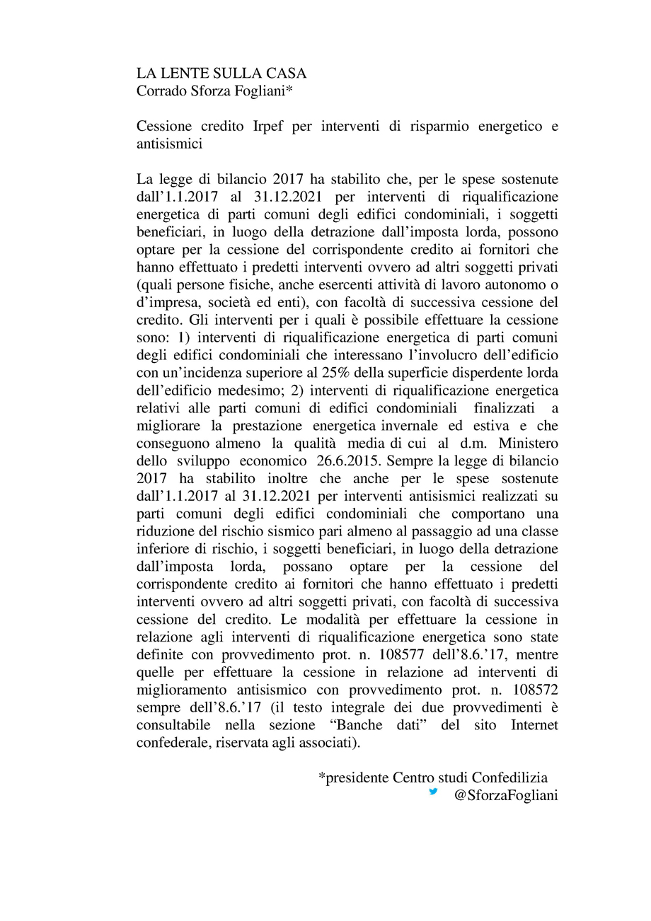 Cessione credito Irpef per interventi di risparmio energetico e antisismici