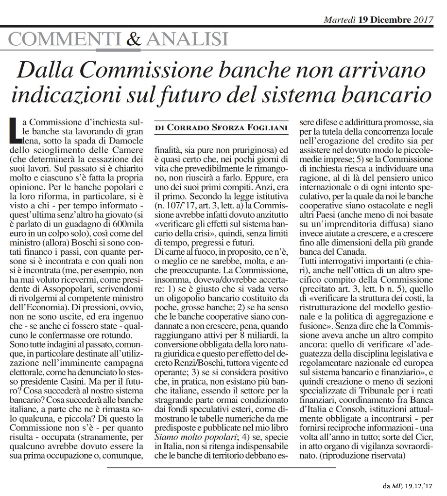 Dalla commissione banche non arrivano indicazioni sul futuro del sistema bancario