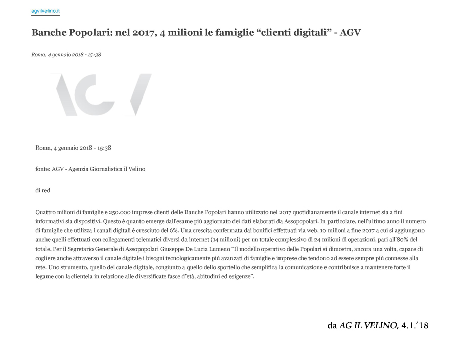 BANCA POPOLARI: NEL 2017, 4 MILIONI LE FAMILIE "CLIENTI DIGITALI"