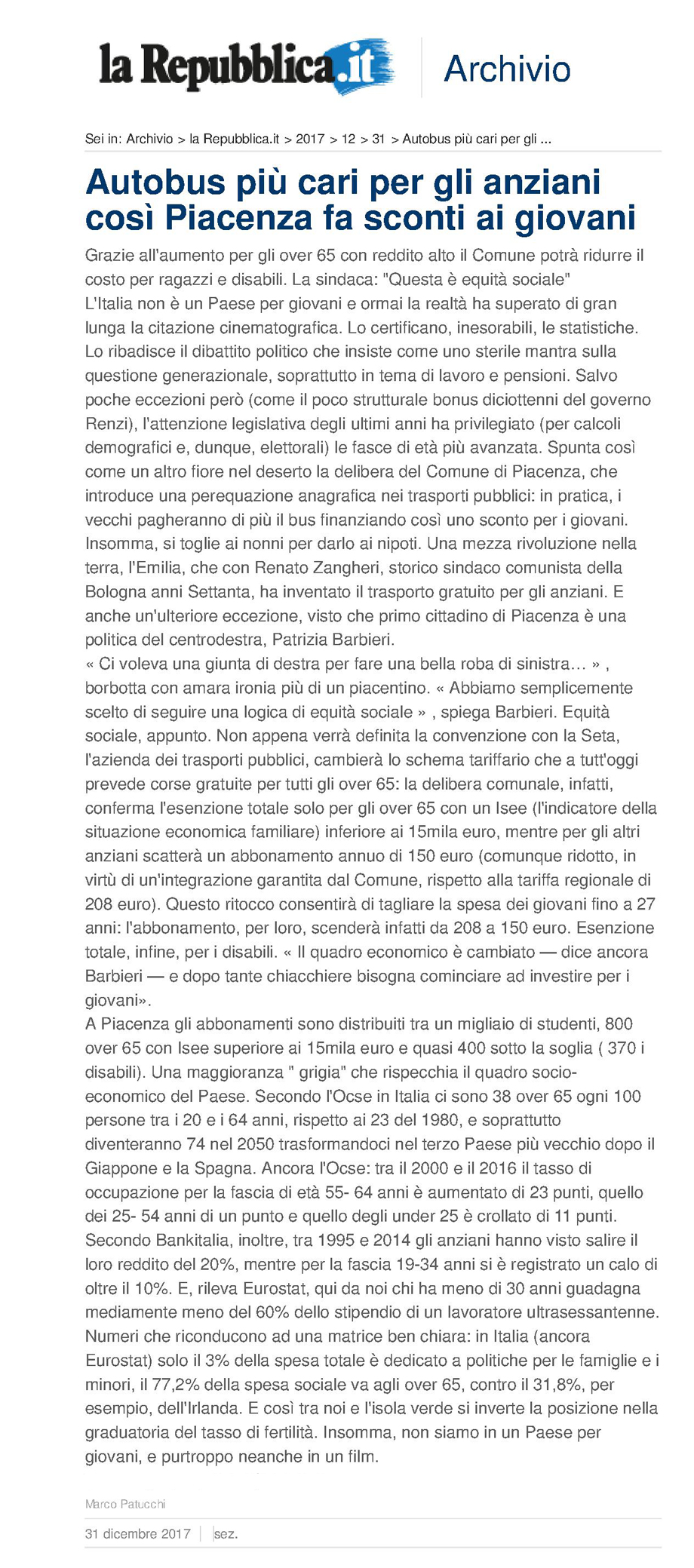 Autobus più cari per gli anziani così Piacenza fa sconti ai giovani