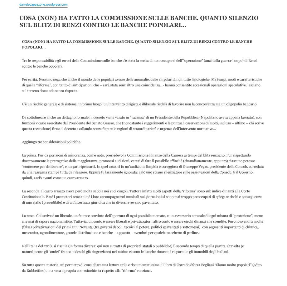 COSA (NON) HA FATTO LA COMMISSIONE SULLE BANCHE. QUANTO SILENZIO SUL BLITZ DI RENZI CONTRO LE BANCHE