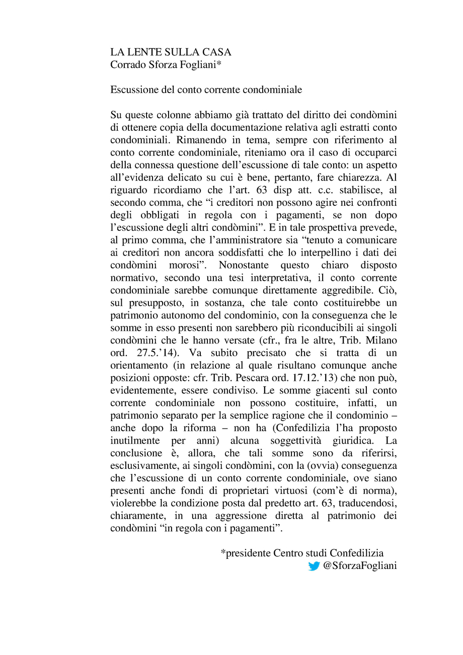 Escussione del conto corrente condominiale