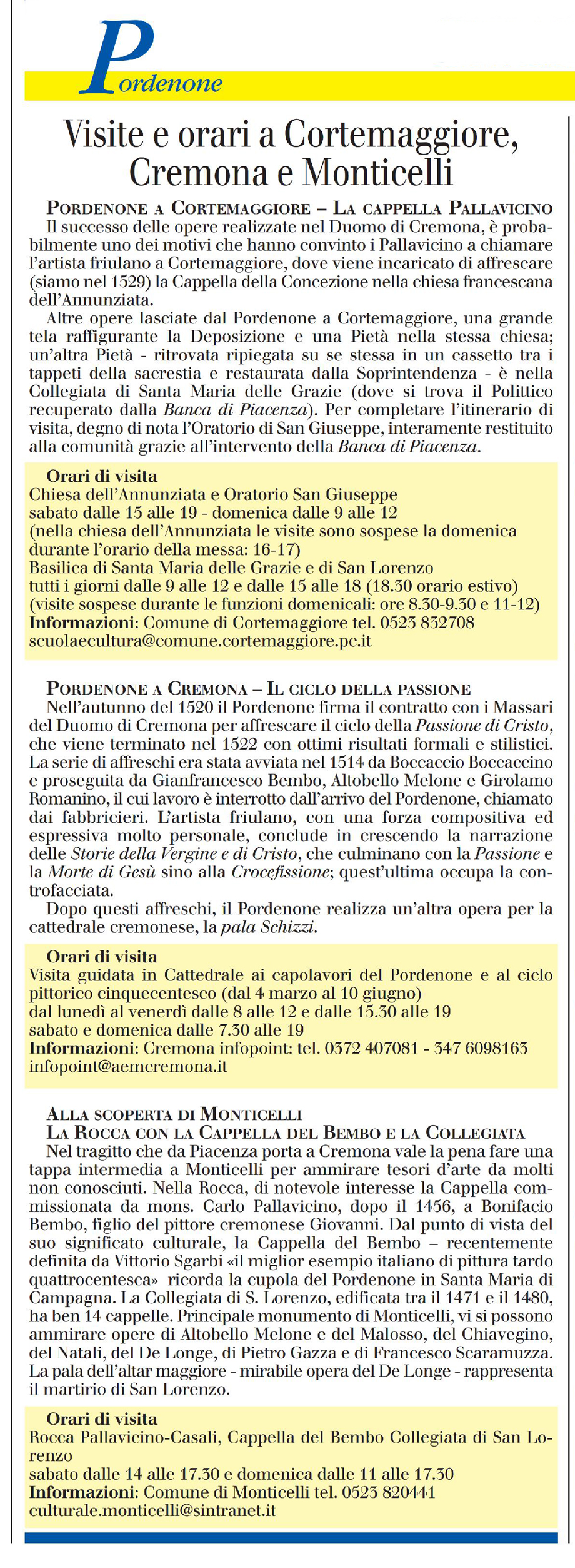 Visite e orari a Cortemaggiore, Cremona e Monticelli