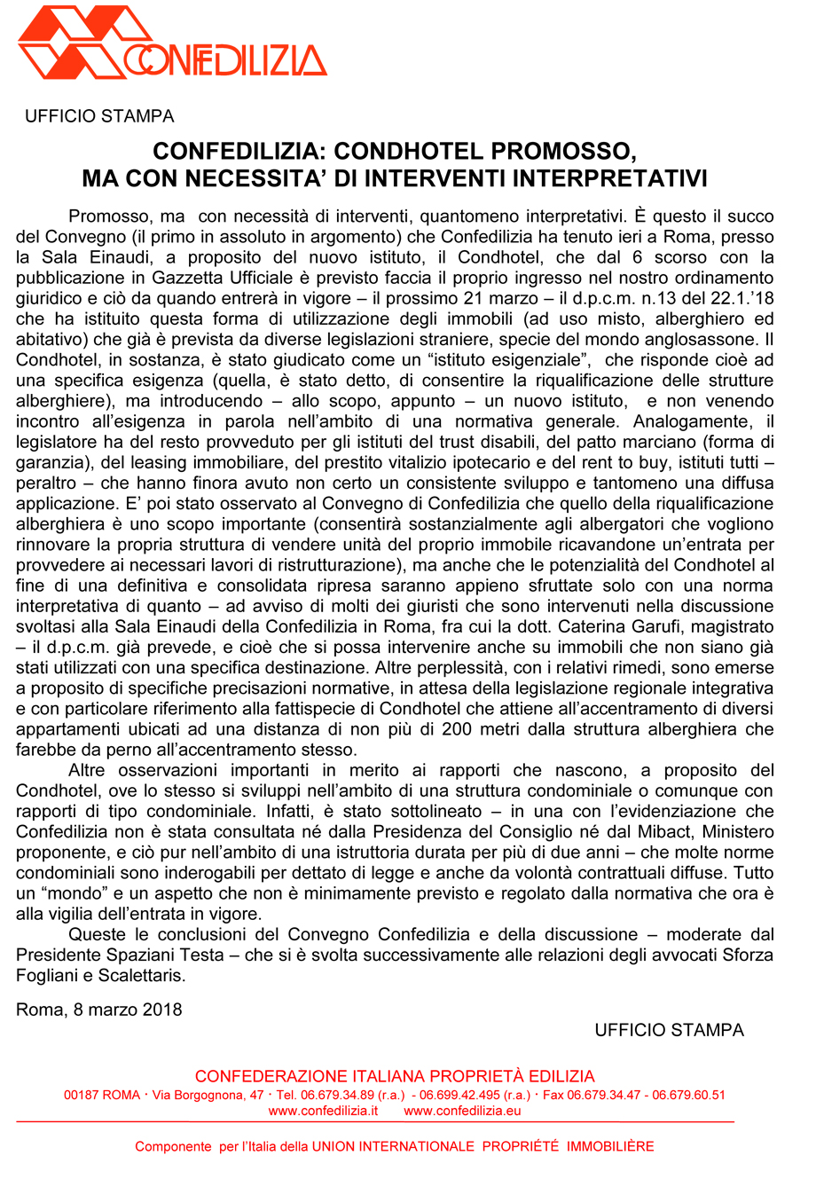 CONFEDILIZIA: CONDHOTEL PROMOSSO, MA CON NECESSITà DI INTERVENTI INTERPRETATIVI