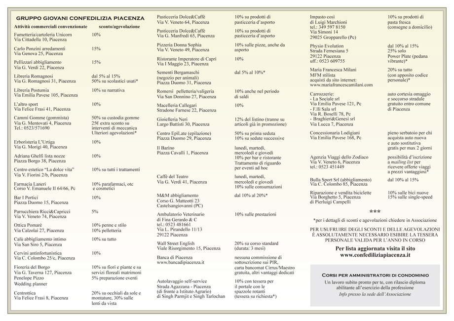 Volantino servizi tessera Gruppo Giovani Confedilizia Piacenza