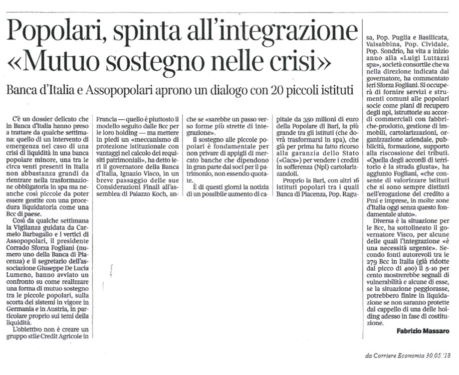 Popolari, spinta all'integrazione <<Mutuo sostegno nelle crisi>>