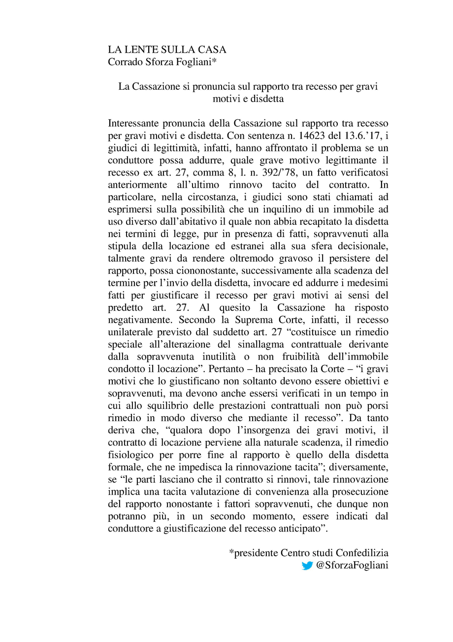La Cassazione si pronuncia sul rapporto tra recesso per gravi motivi e disdetta