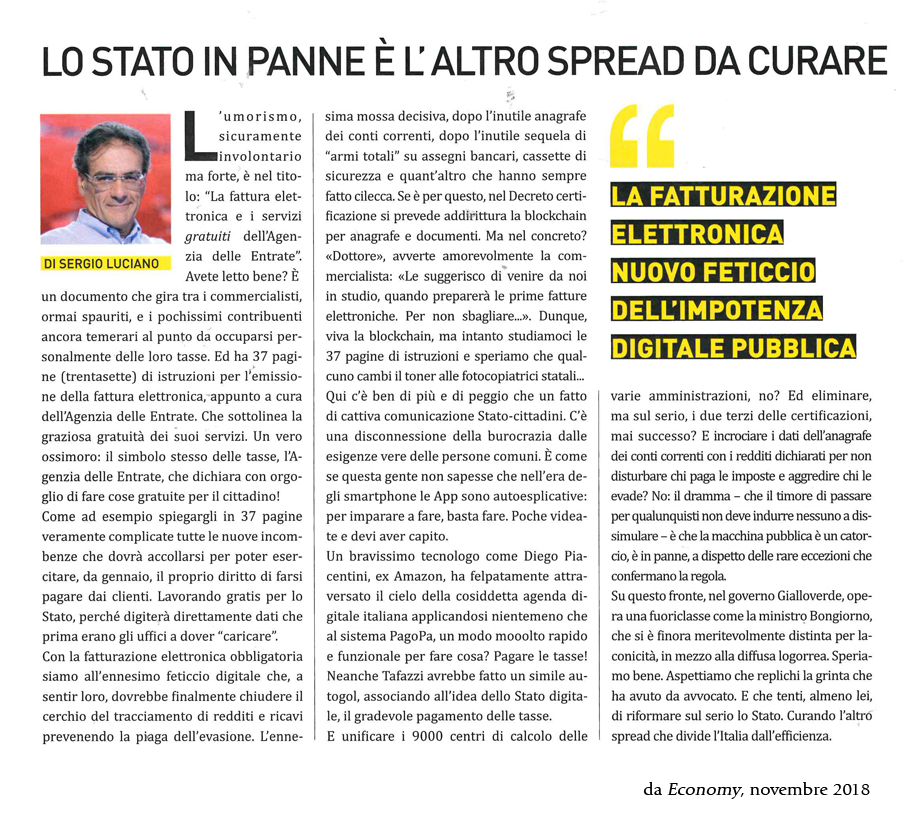 Esemplare articolo del direttore di Economy (novembre 2018, attualmente in edicola), dott. Sergio Lu