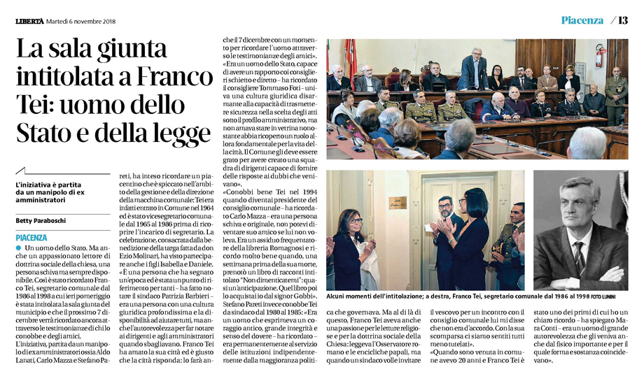 La sala giunta intitolata a Franco Tei: uomo dello Stato e della legge