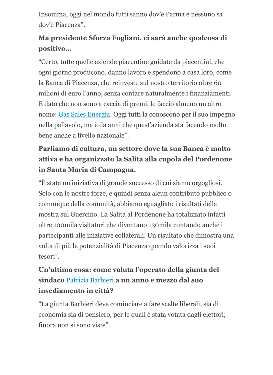 Sforza Fogliani: "Così non va, per Piacenza è il momento di scelte precise"