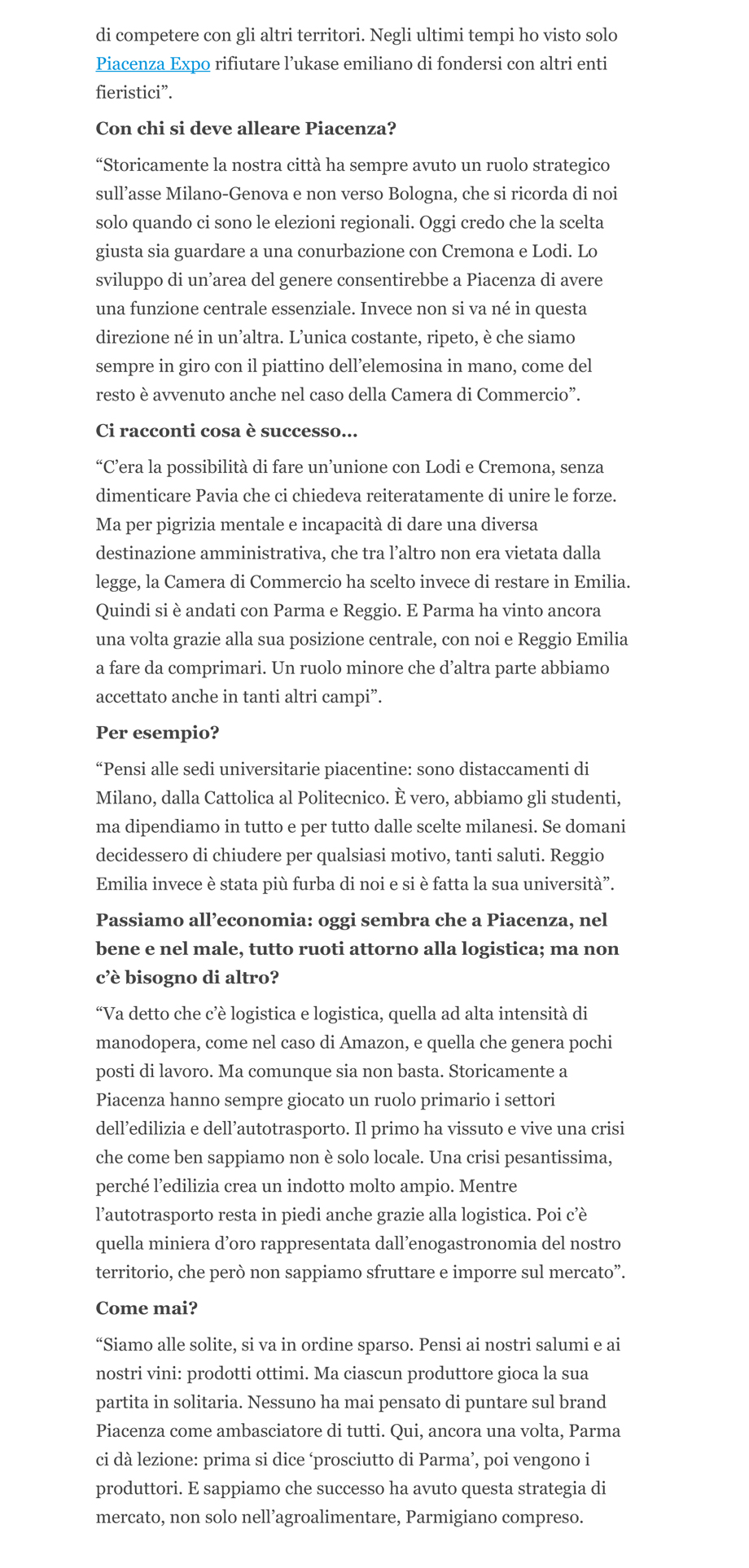 Sforza Fogliani: "Così non va, per Piacenza è il momento di scelte precise"