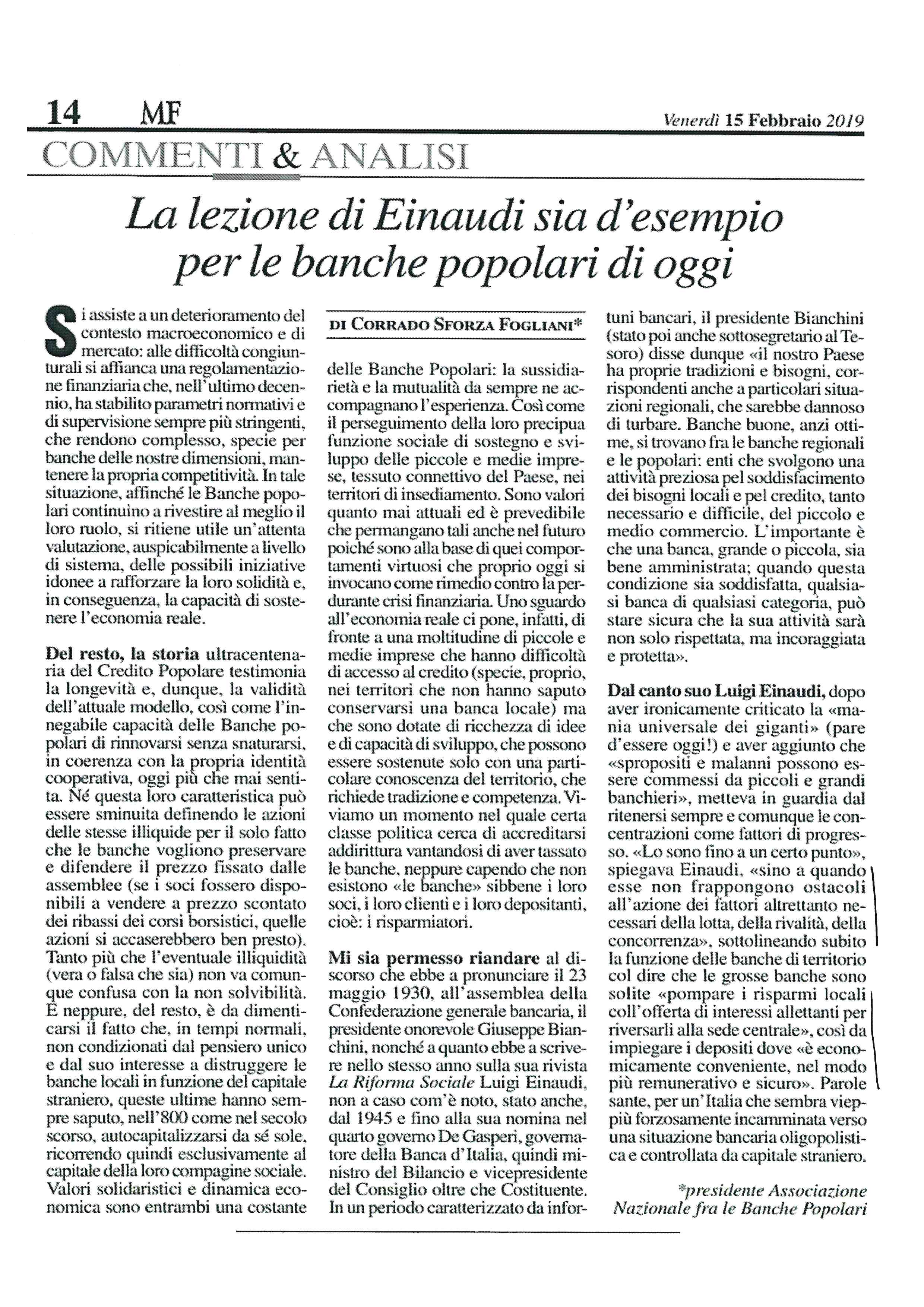 La lezione di Einaudi sia d'esempio per le banche popolari di oggi