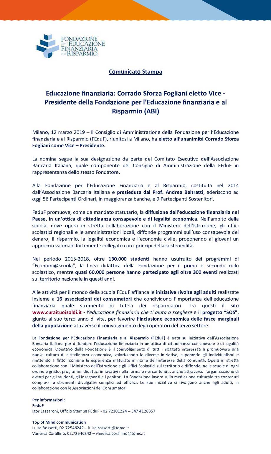 IL PRESIDENTE SFORZA FOGLIANI ELETTO VICEPRESIDENTE DELLA FEDUF