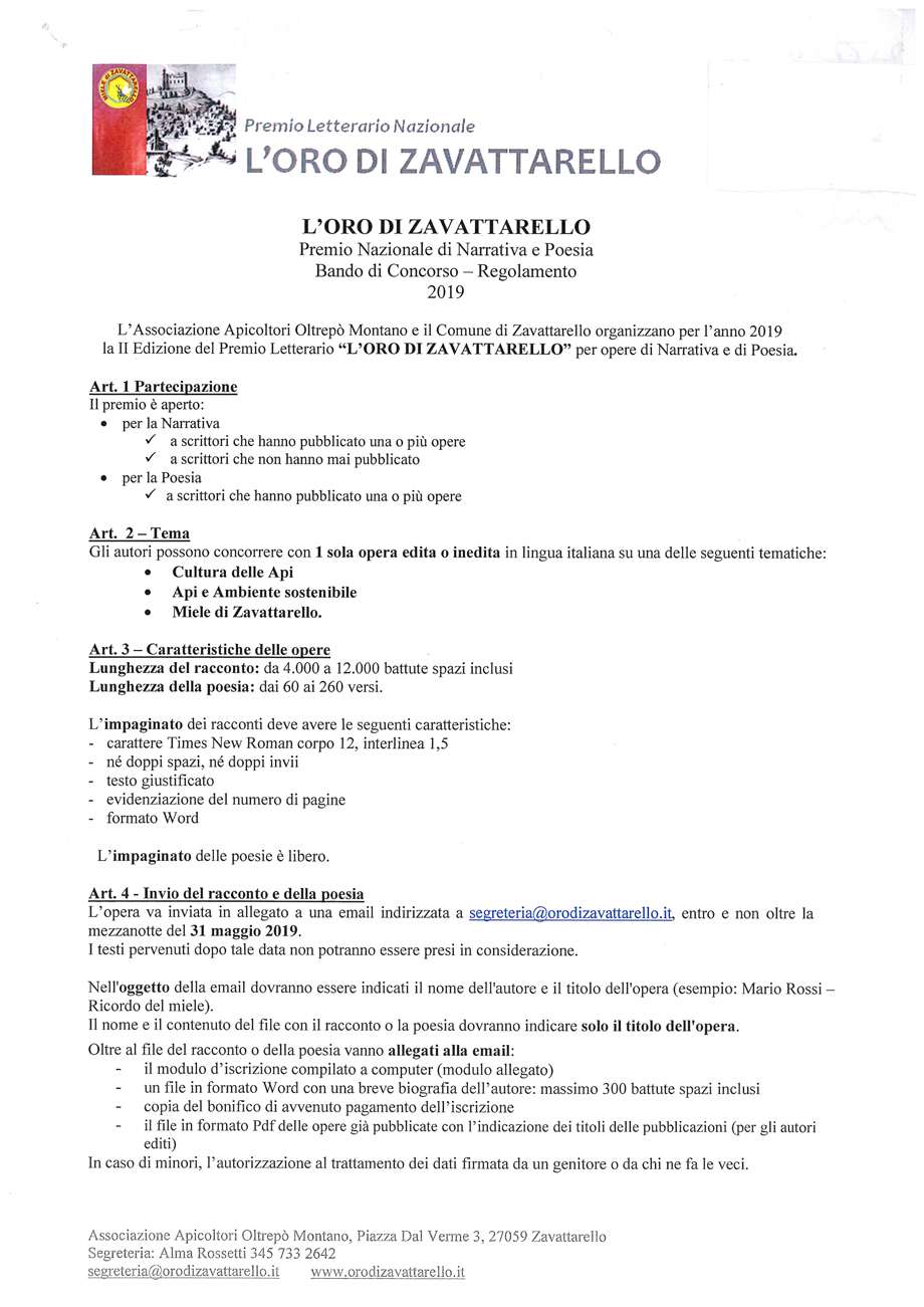 Premio Letterario Nazionale L'ORO DI ZAVATTARELLO
