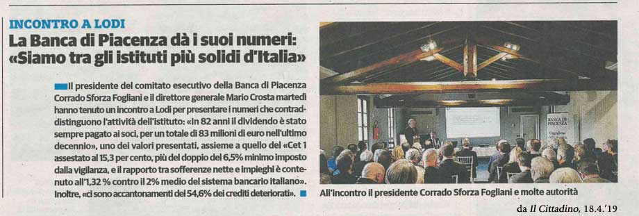 La Banca di Piacenza dà i suoi numeri: "Siamo tra gli istituti più solidi d'Italia"