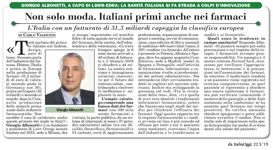 Un nostro imprenditore primo nei farmaci