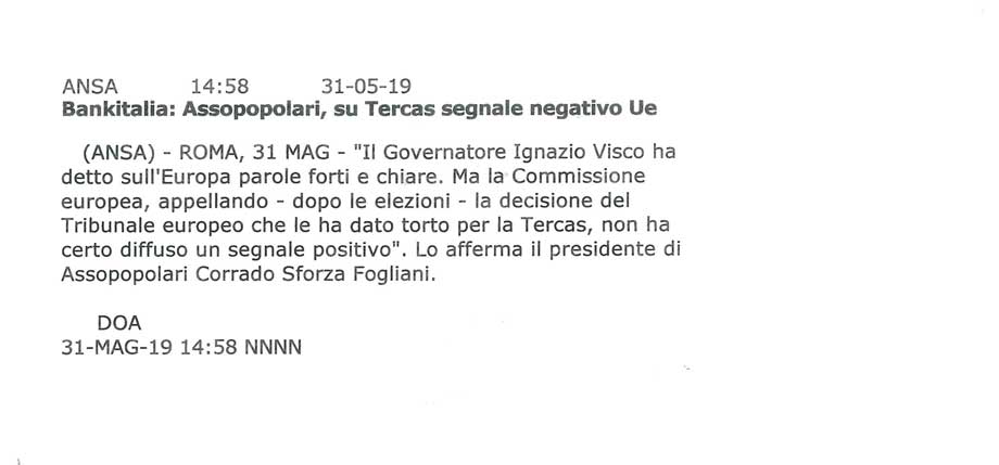 Bankitalia: Assopopolari, su Tercas segnale negativo Ue