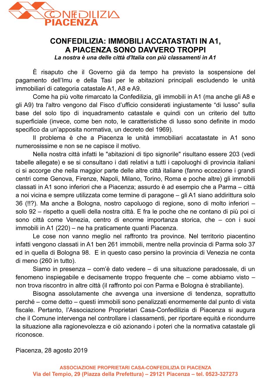 CONFEDILIZIA: IMMOBILI ACCATASTATI IN A1, A PIACENZA SONO DAVVERO TROPPI