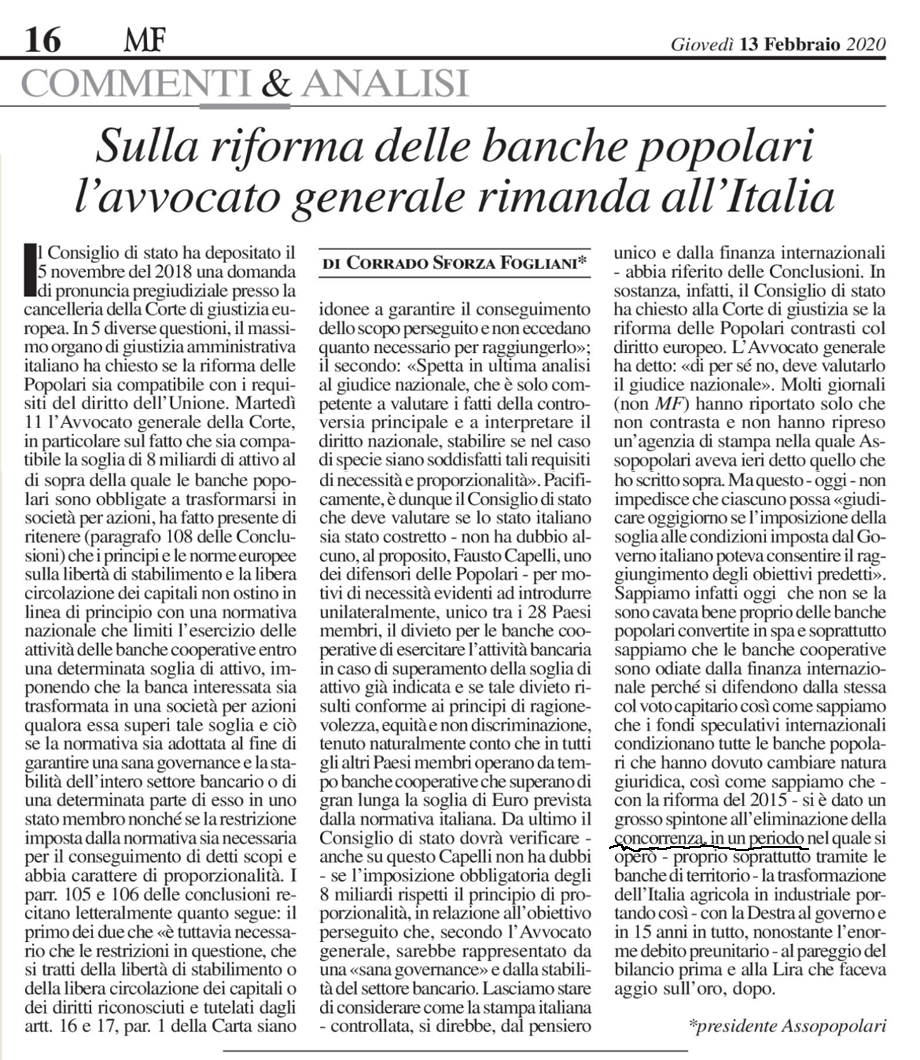 Sulla riforma delle banche popolari l'avvocato generale rimanda all'Italia