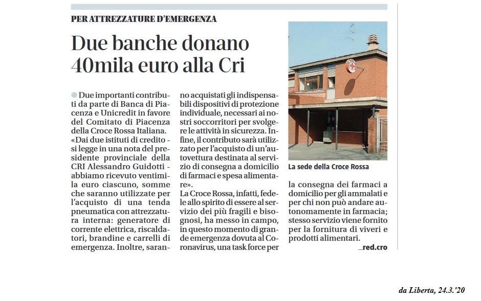 Due banche donano 40mila euro CRI